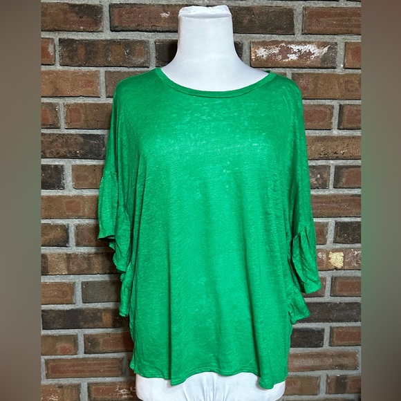 Zara Large Green Ruffle Sleeve Linen Blouse - Picture 2 of 6